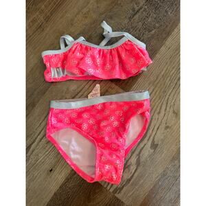 OP 2T Girl's Hot Pink Flower Swimsuit with Silver Straps Two Piece